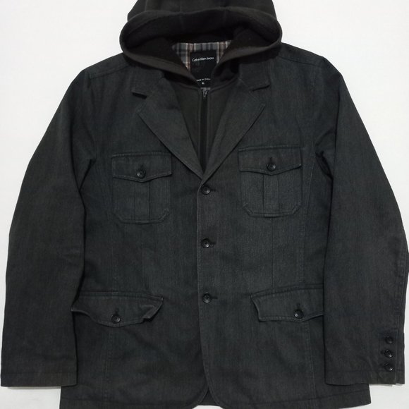 Calvin Klein Jeans Denim Jacket Hooded Button Full Zip Men's Size XL Gray - Picture 1 of 11